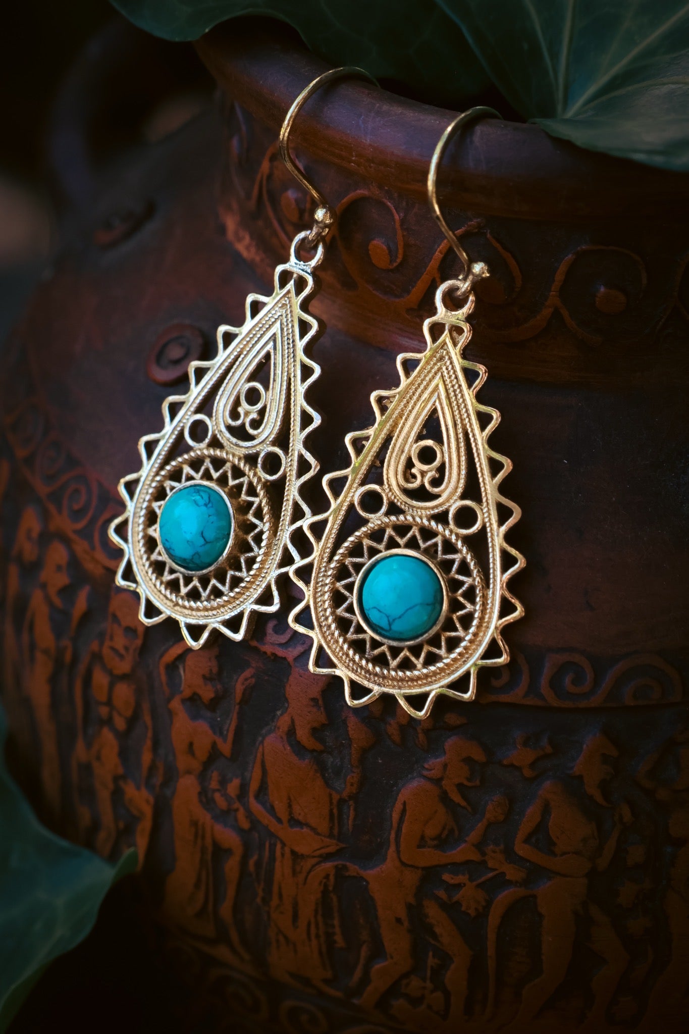 Brass Earrings - Paisley Goddess - Turquoise