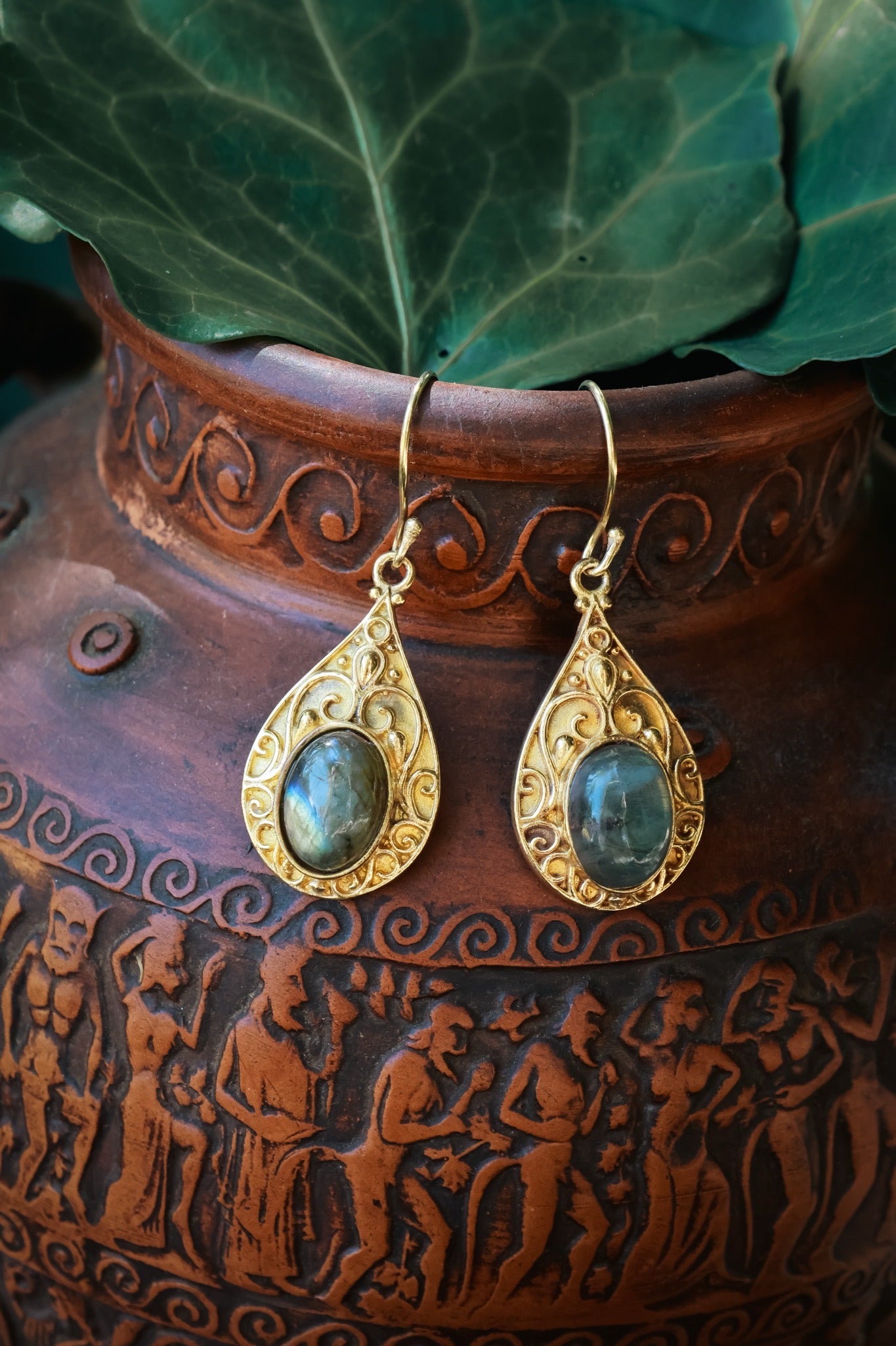 Brass Earrings -Tear drop - Labradorite
