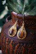 Brass Earrings -Tear drop - Tiger eye