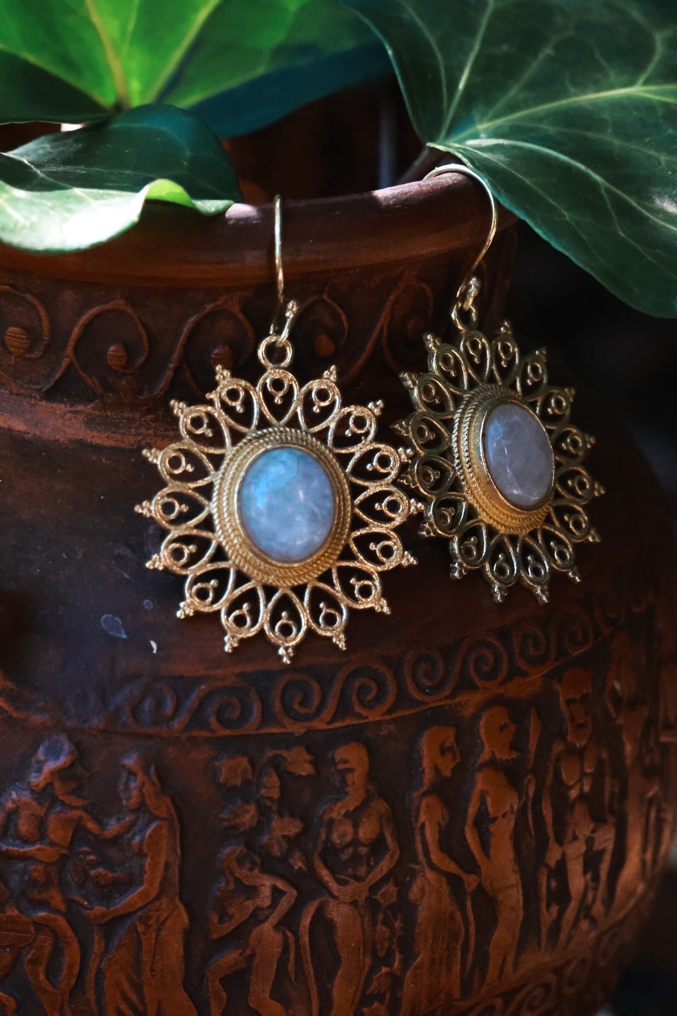 Brass Earrings - Sun Goddess Moonstone