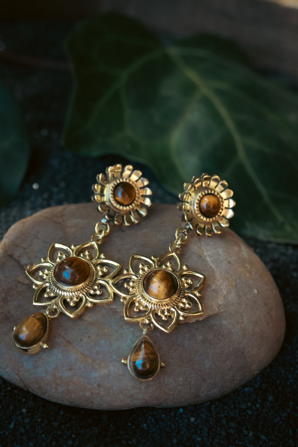 Brass Earrings - Sunflower - Tiger Eye