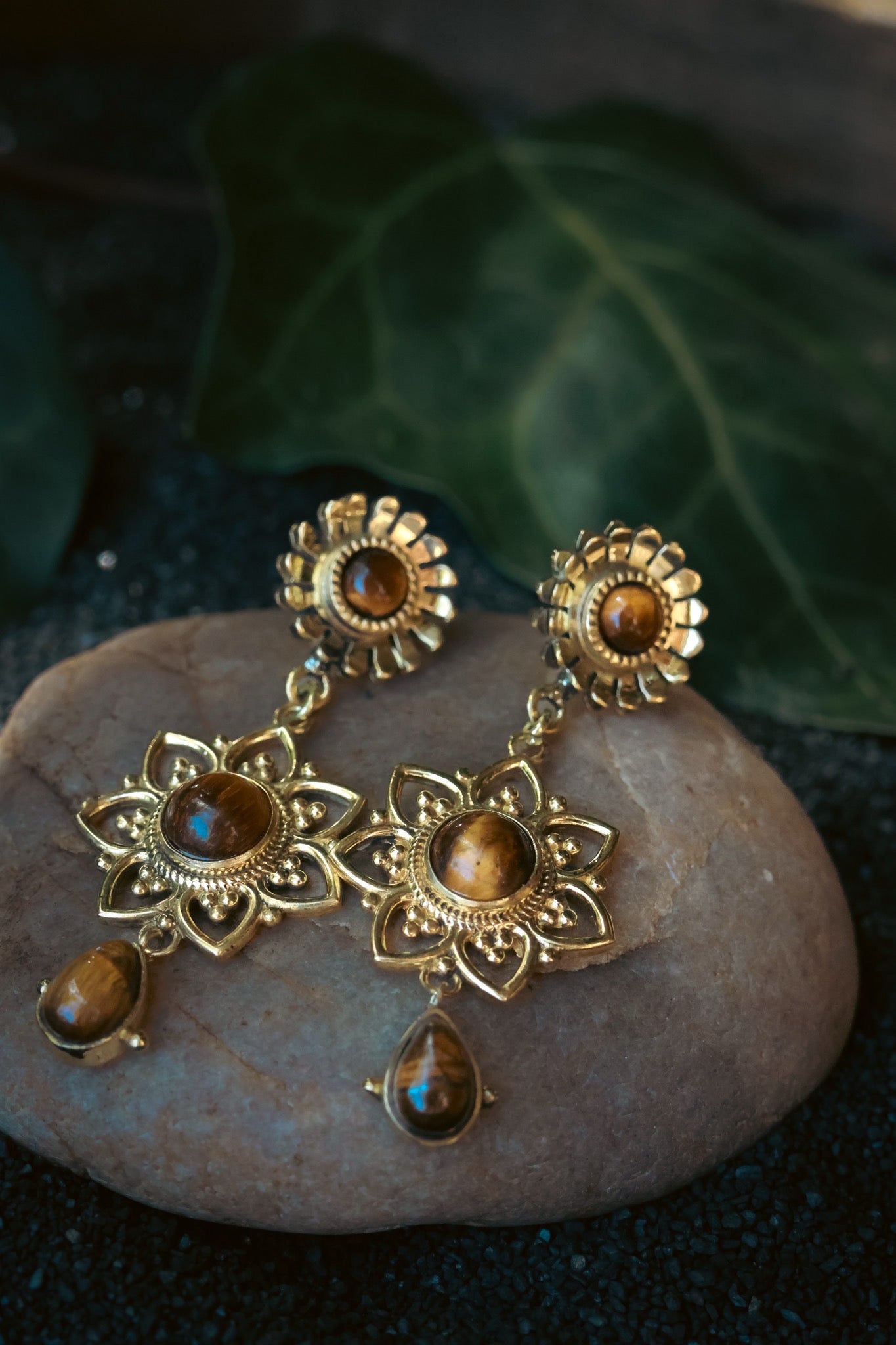 Brass Earrings - Sunflower - Tiger Eye