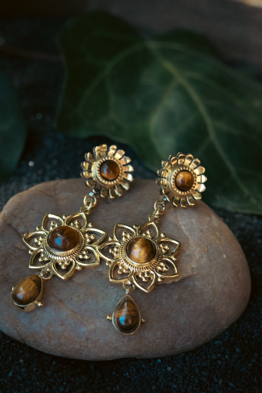 Brass Earrings - Sunflower - Tiger Eye