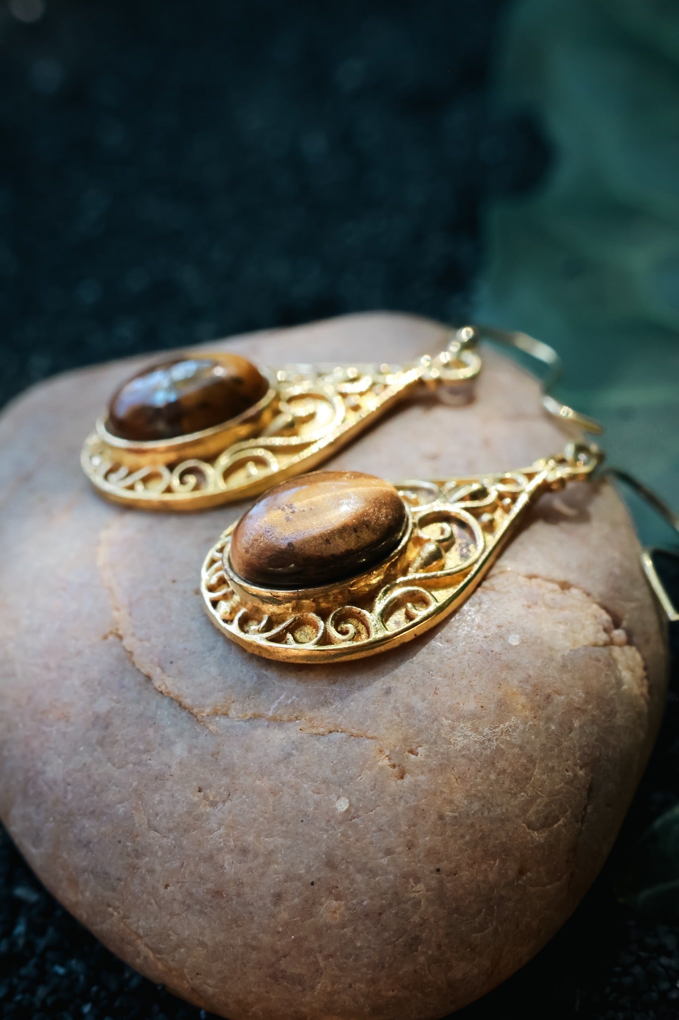 Brass Earrings -Tear drop - Tiger eye