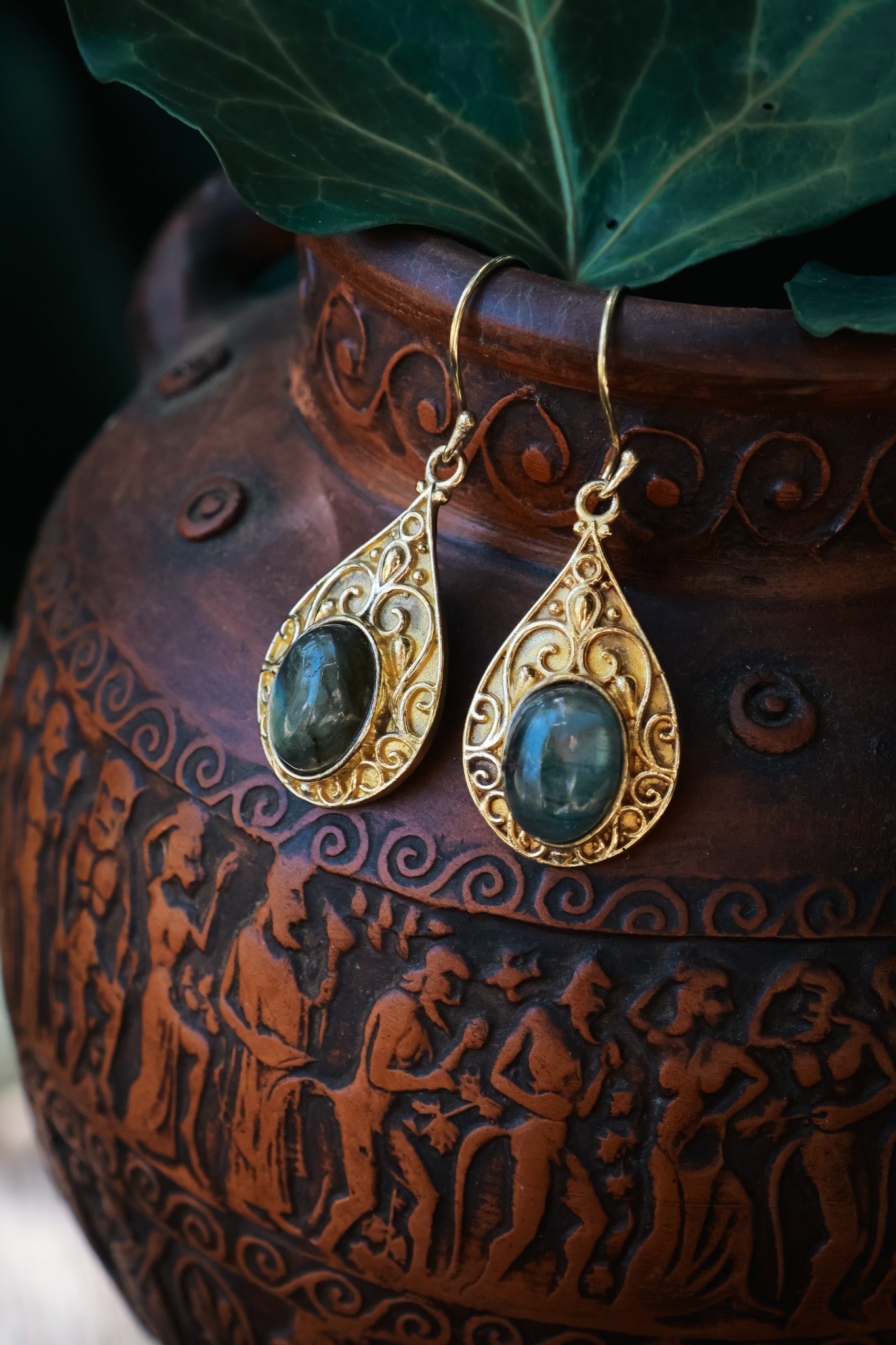 Brass Earrings -Tear drop - Labradorite