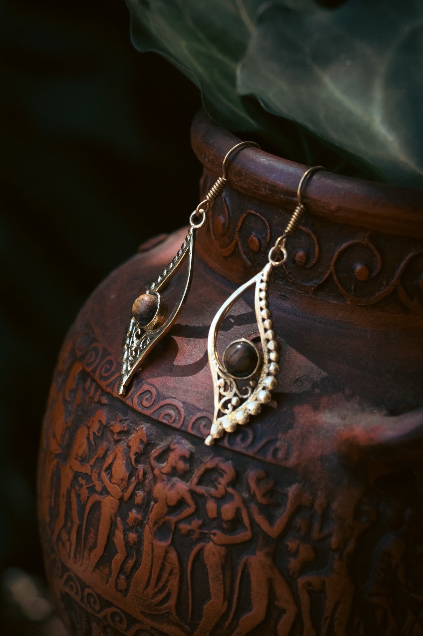 Brass Earrings - Crescent Leaf -