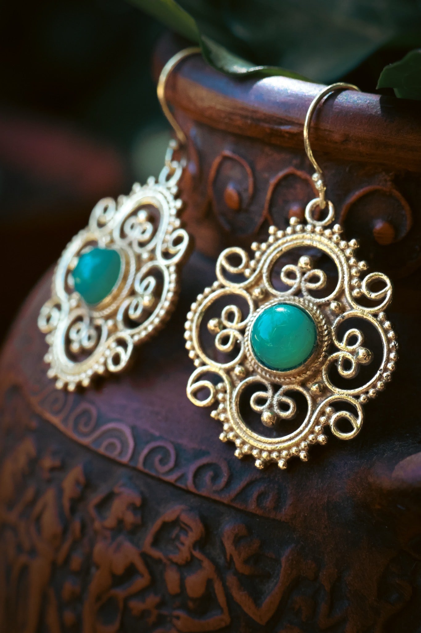 Brass Earrings -Clover - Aventurine