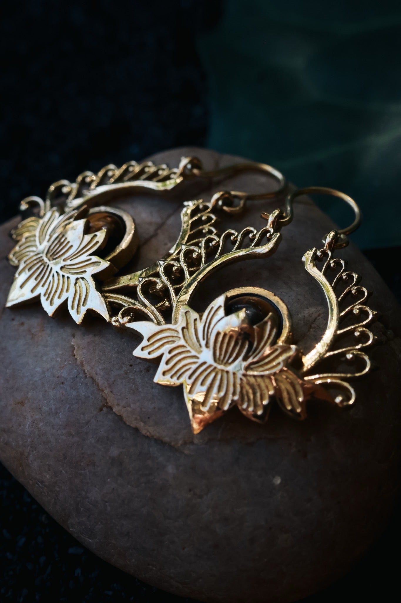 Brass Earrings -Lotus Goddess - Tiger Eye