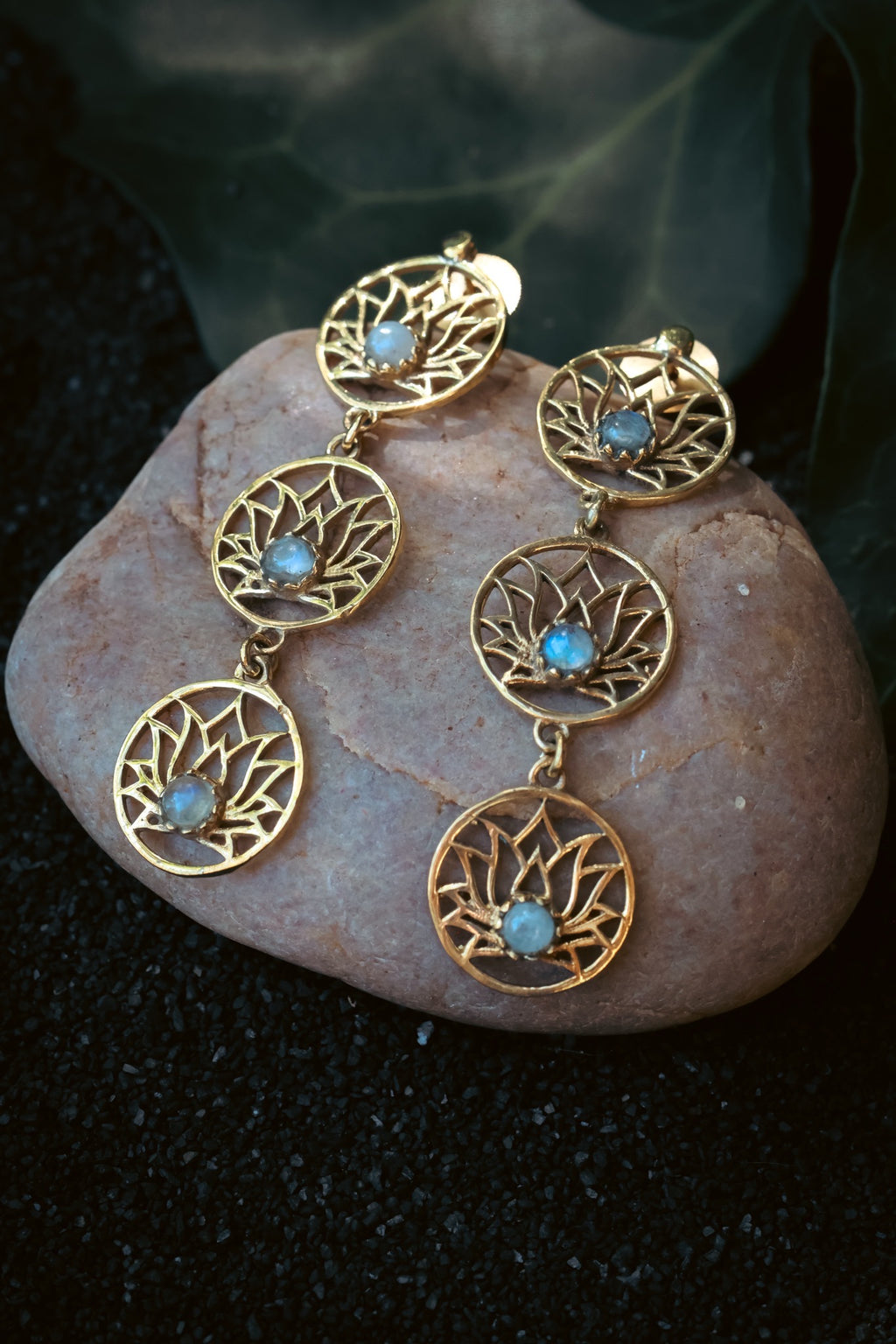 Brass Earrings -Lotus trail - moonstone
