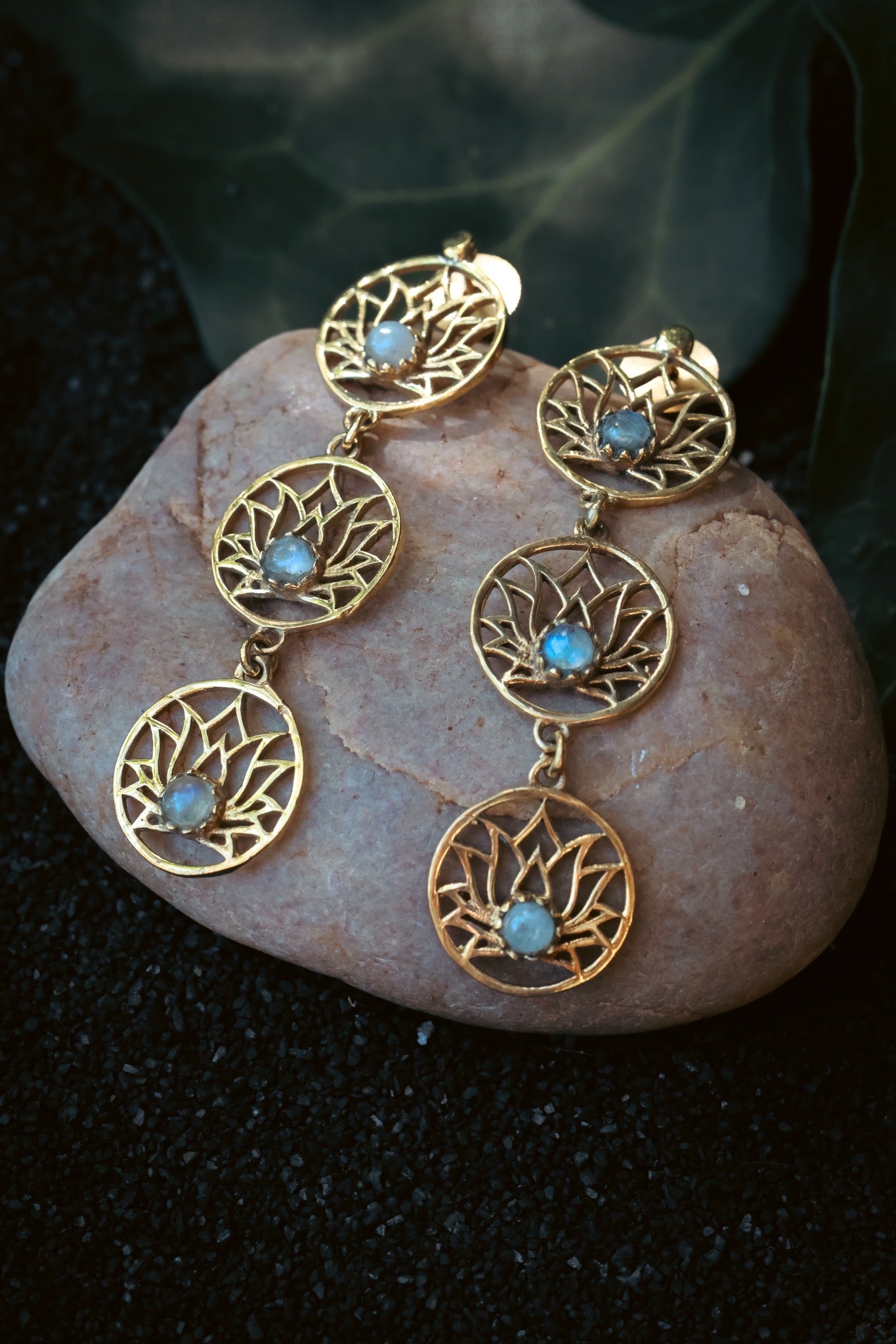 Brass Earrings -Lotus trail - moonstone