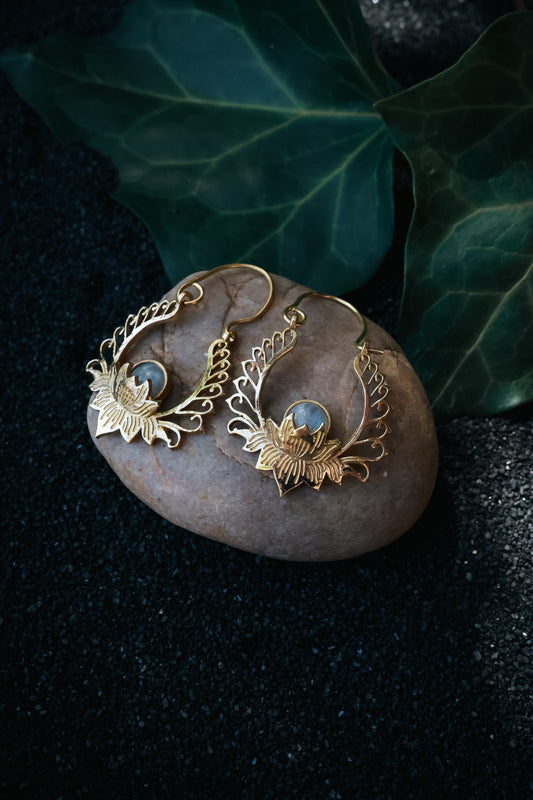 Brass Earrings -Lotus Goddess - Labradorite