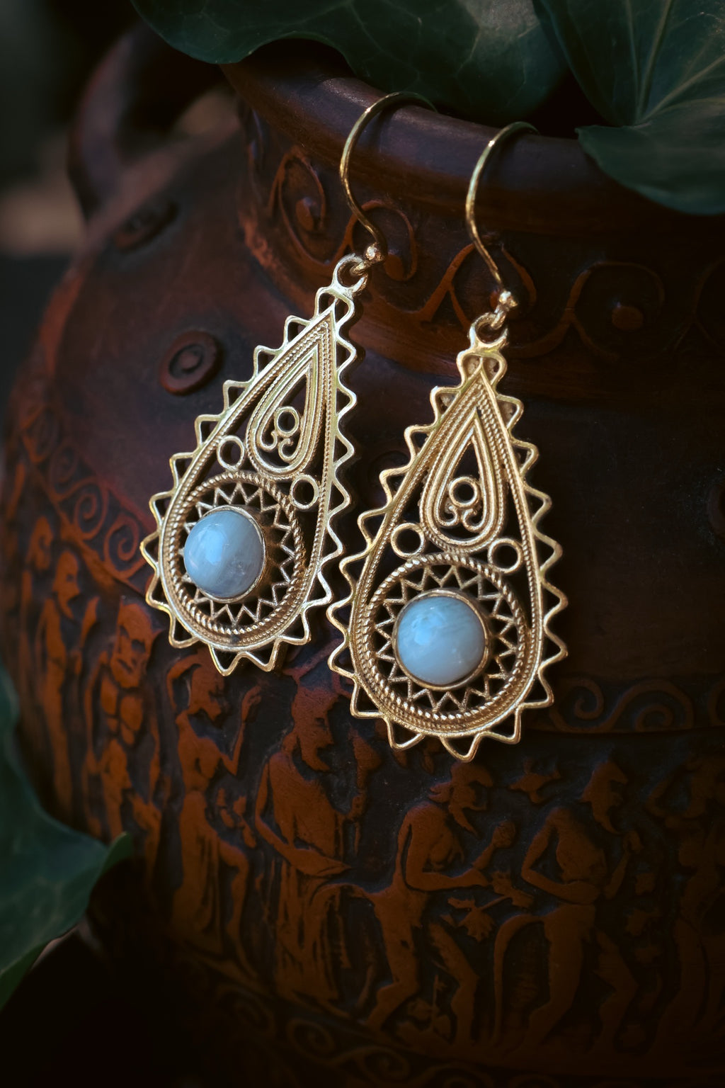 Brass Earrings - Paisley Goddess -Moonstone