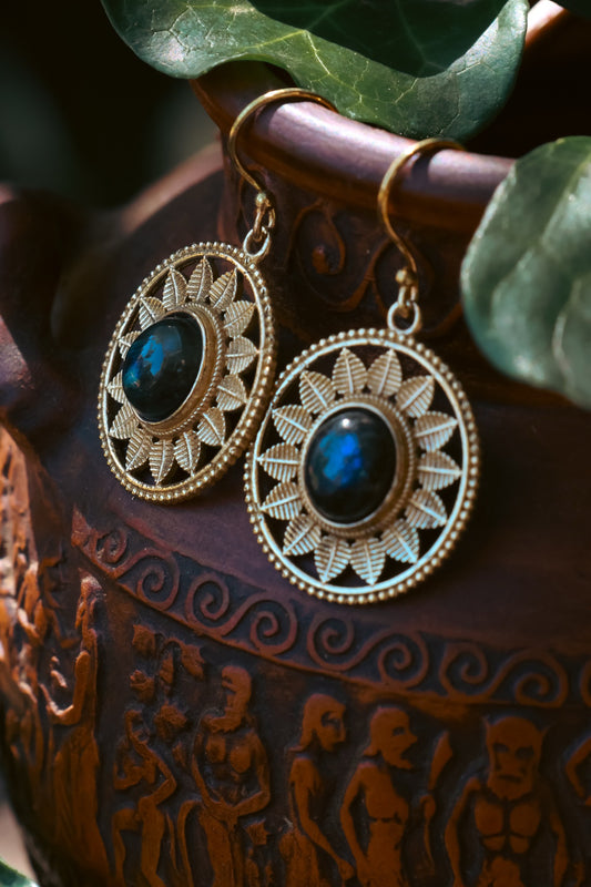 Brass Earrings - Rounded Sun Goddess - Blue Labradorite
