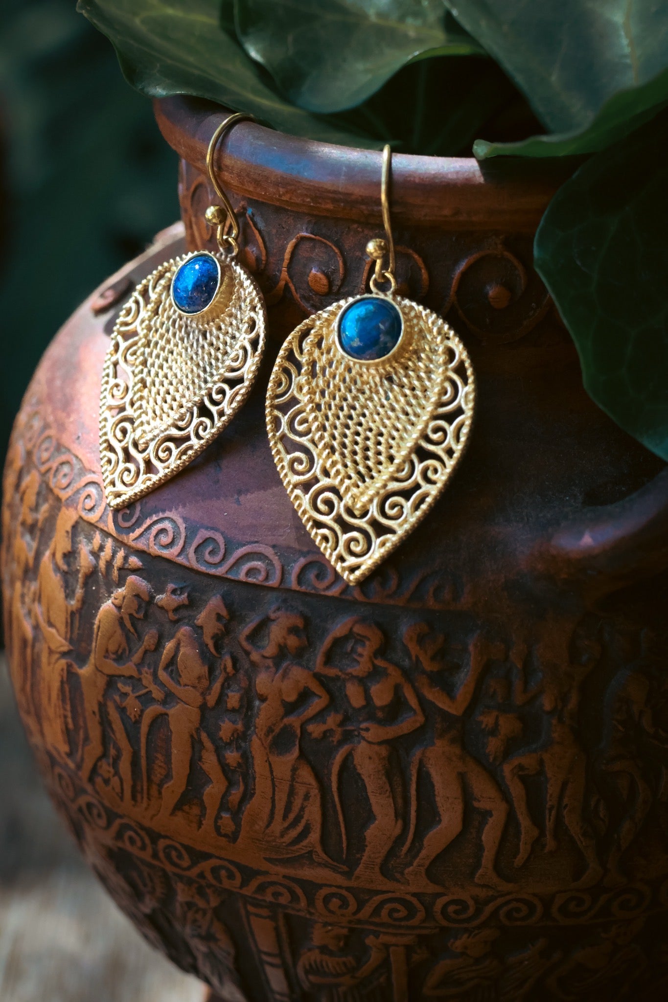 Brass Earrings - Leaf - Labradorite