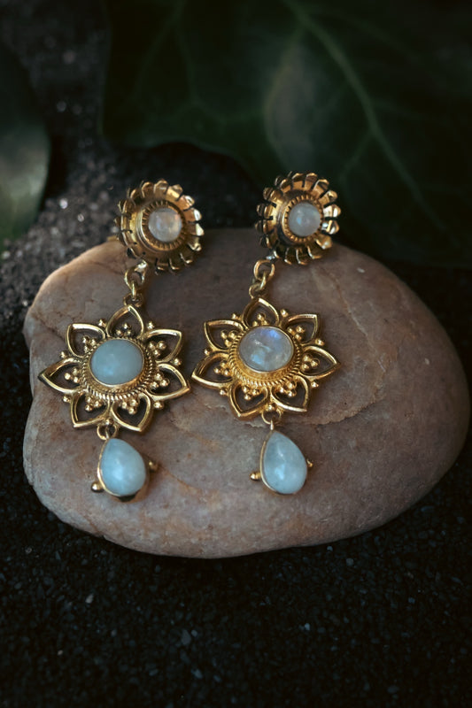 Brass Earrings - Sunflower - Moonstone