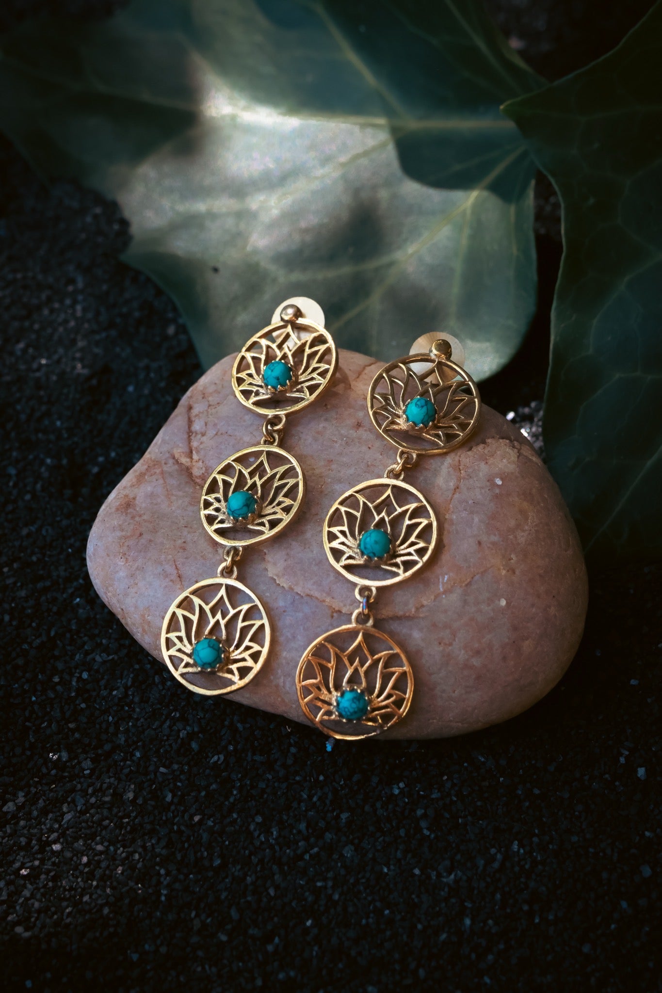 Brass Earrings -Lotus trail - Turquoise