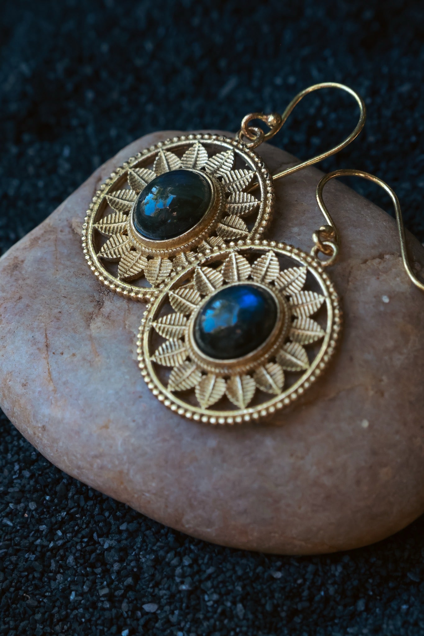 Brass Earrings - Rounded Sun Goddess - Blue Labradorite