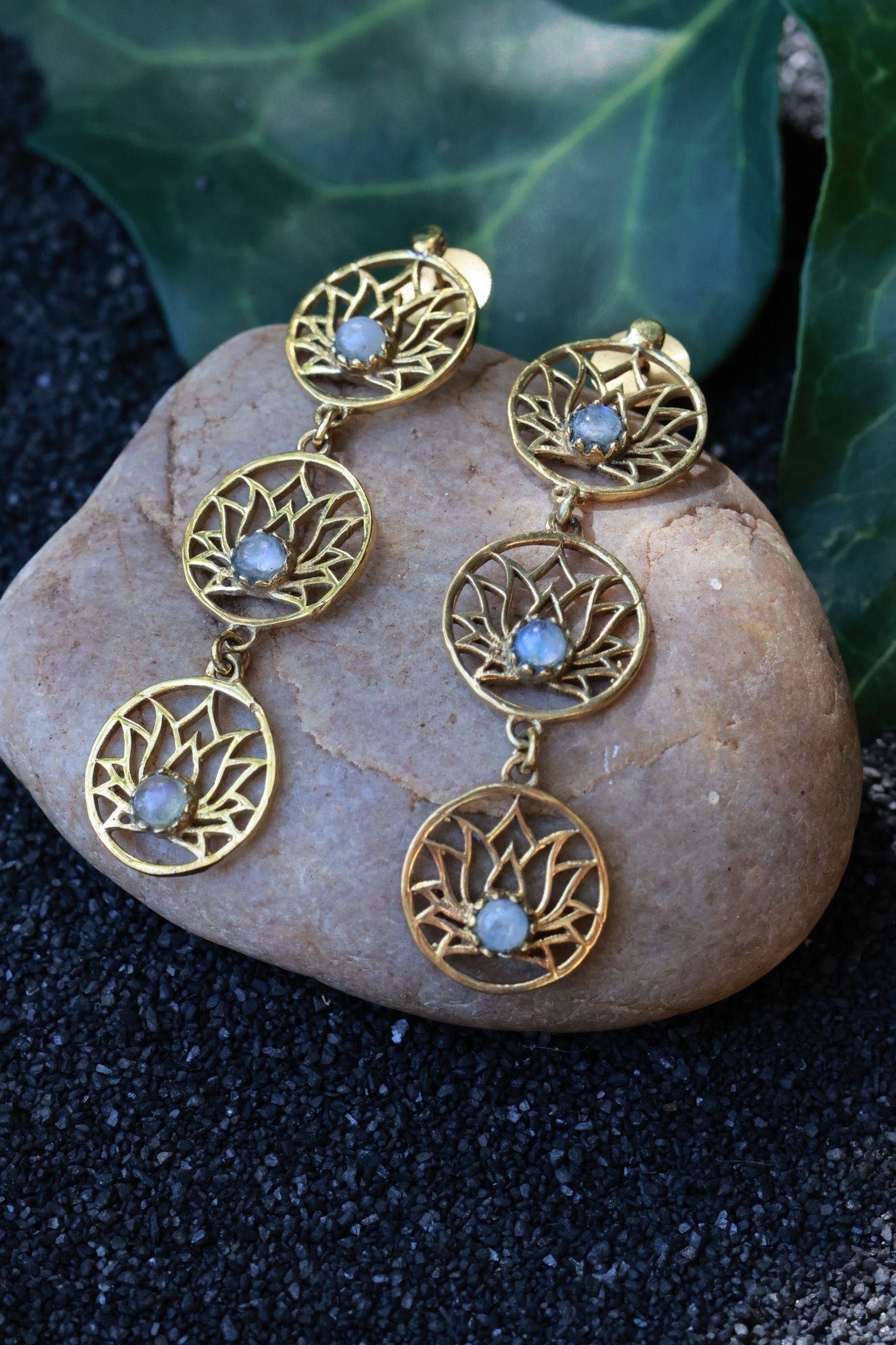 Brass Earrings -Lotus trail - moonstone