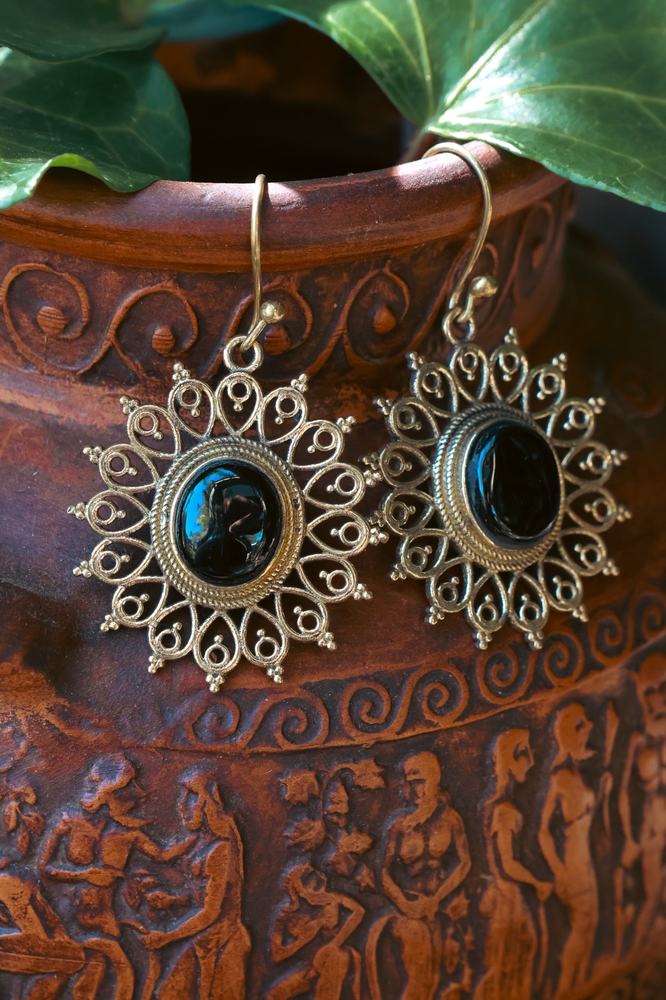 Brass Earrings - Sun Goddess Onyx