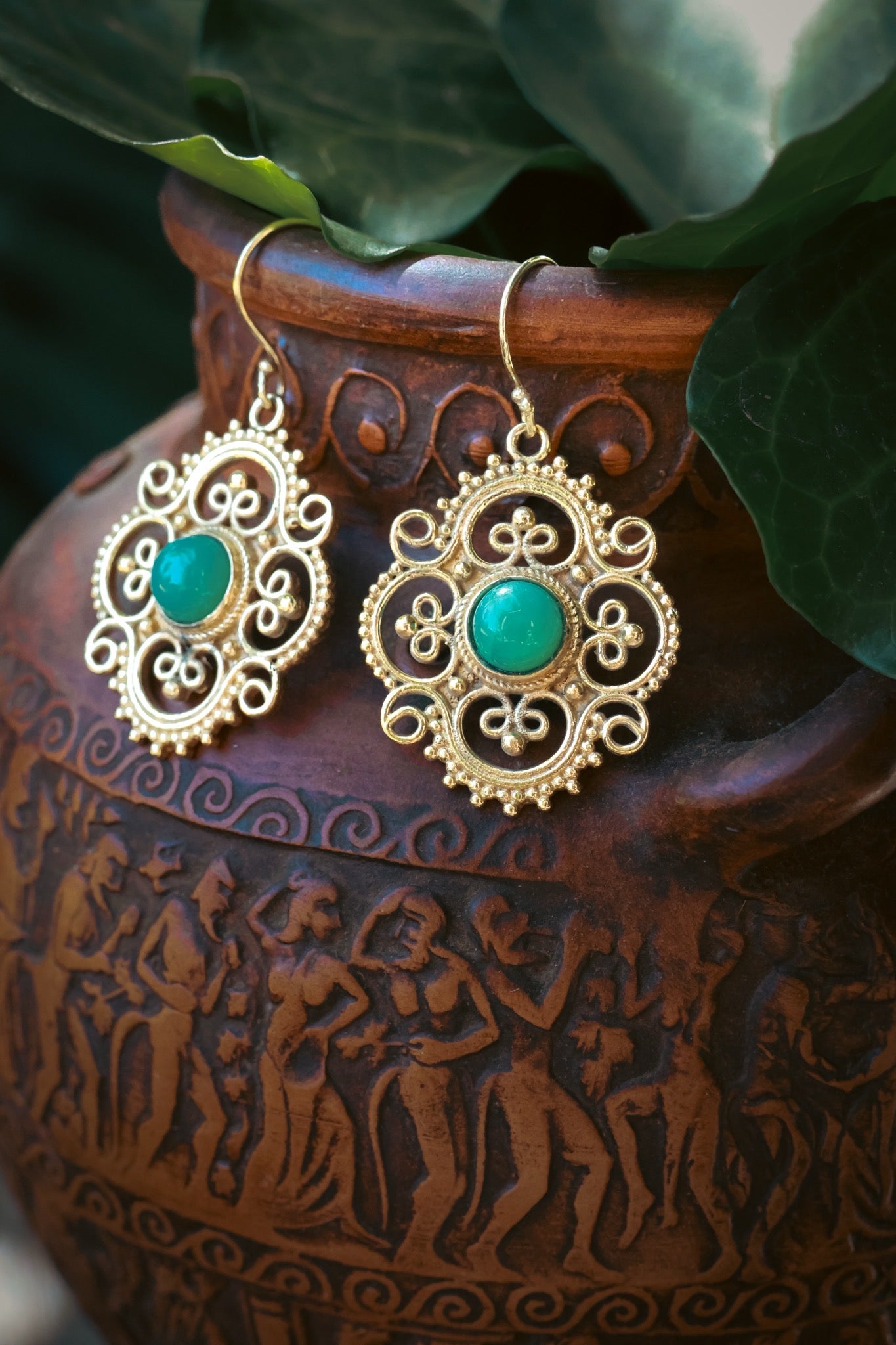 Brass Earrings -Clover - Aventurine