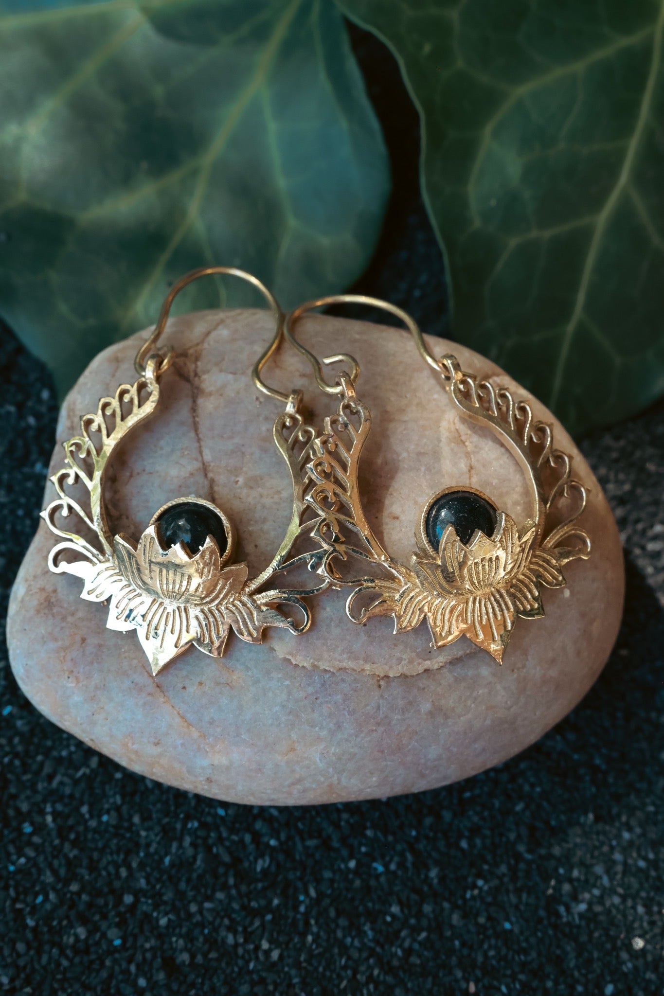 Brass Earrings -Lotus Goddess - Onyx