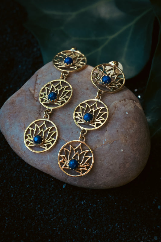 Brass Earrings -Lotus trail - lapis lazuli