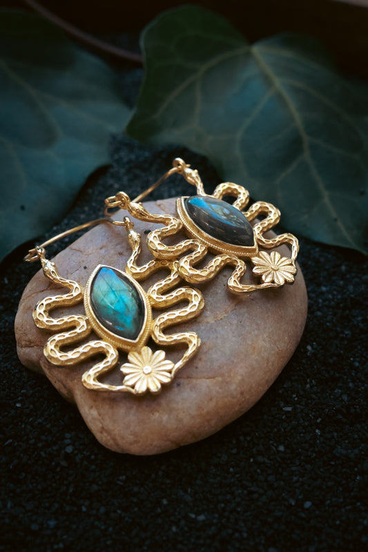 Brass Earrings - Medusa - Labradorite
