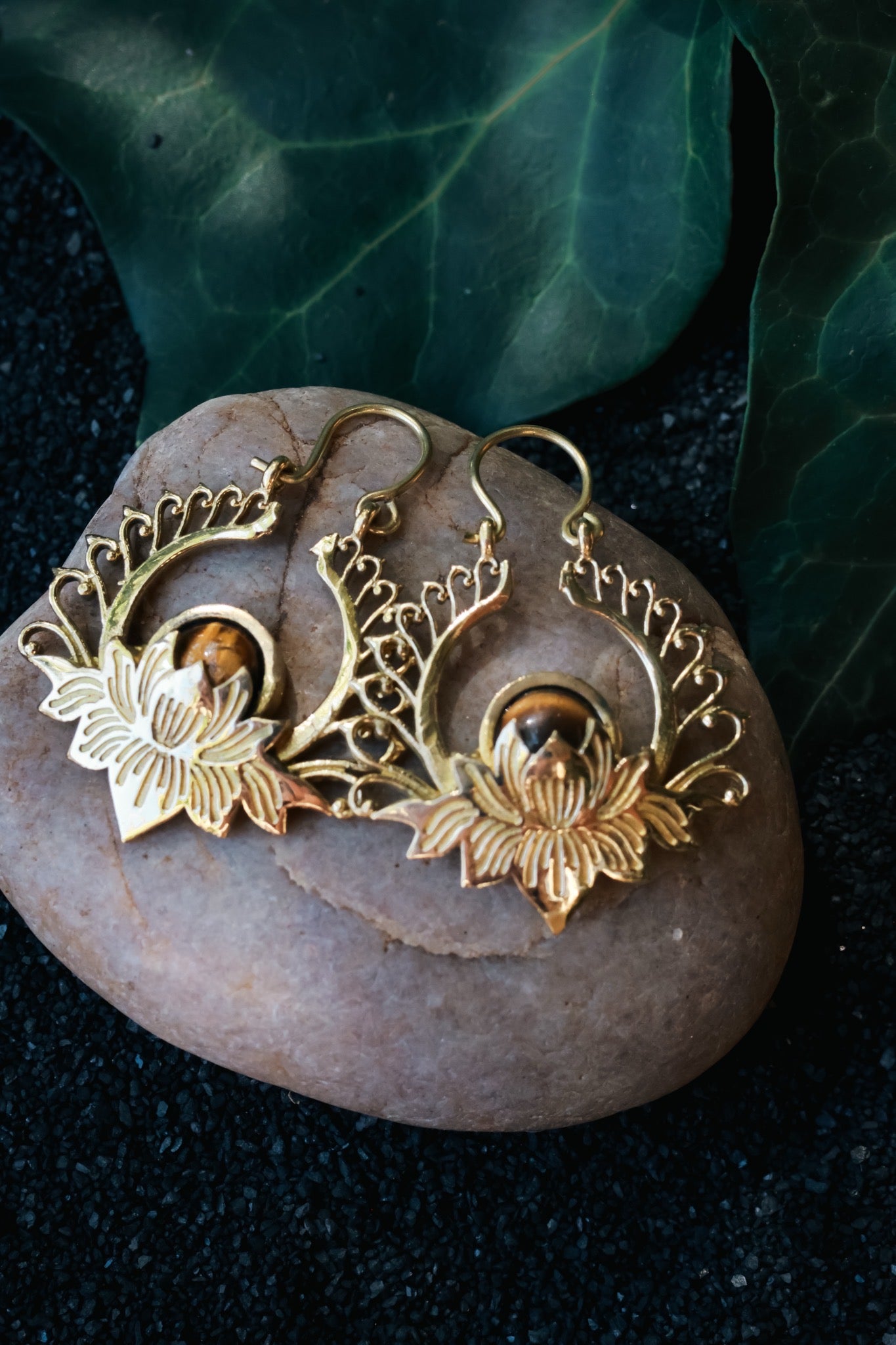 Brass Earrings -Lotus Goddess - Tiger Eye