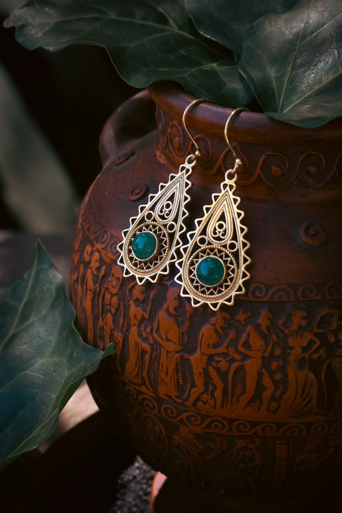 Brass Earrings - Paisley Goddess - Aventurine