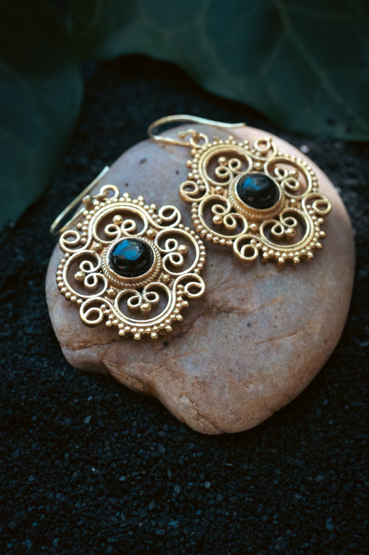 Brass Earrings -Clover - Onyx