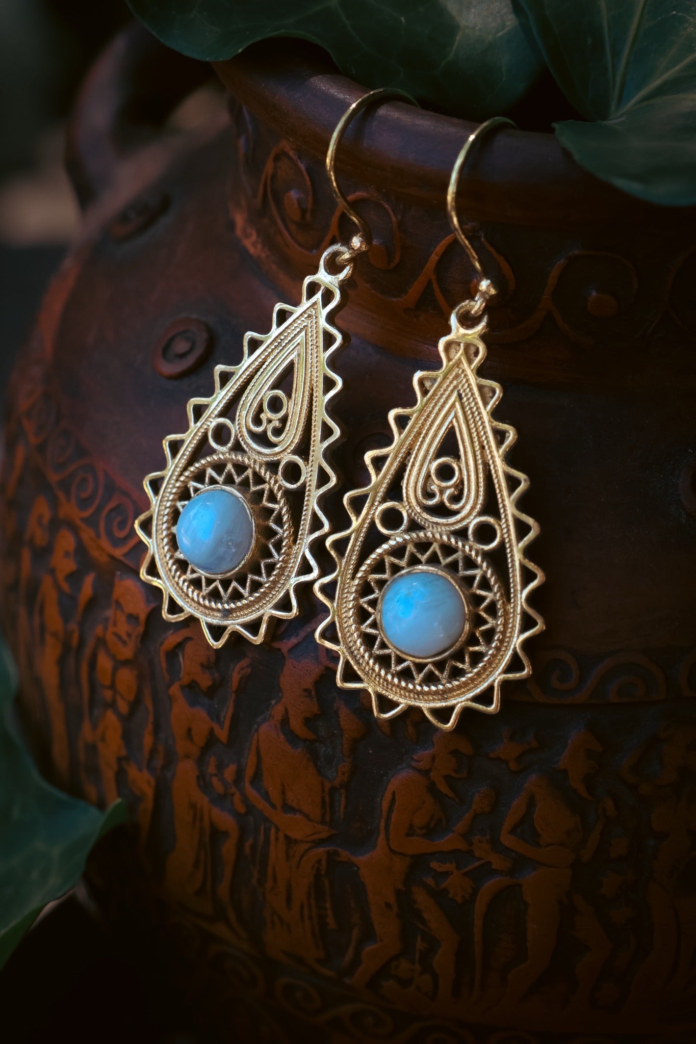 Brass Earrings - Paisley Goddess -Moonstone