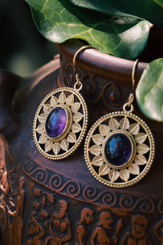 Brass Earrings - Rounded Sun Goddess - Amythest