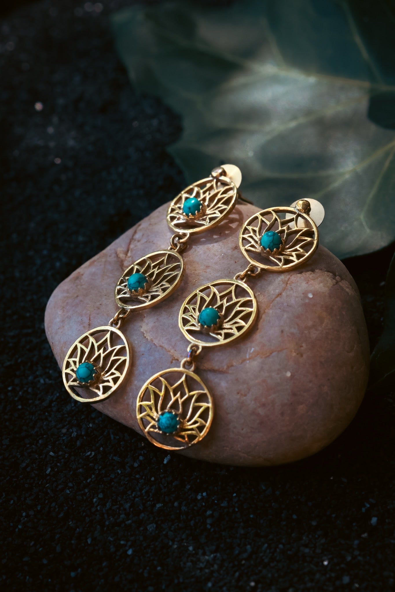 Brass Earrings -Lotus trail - Turquoise