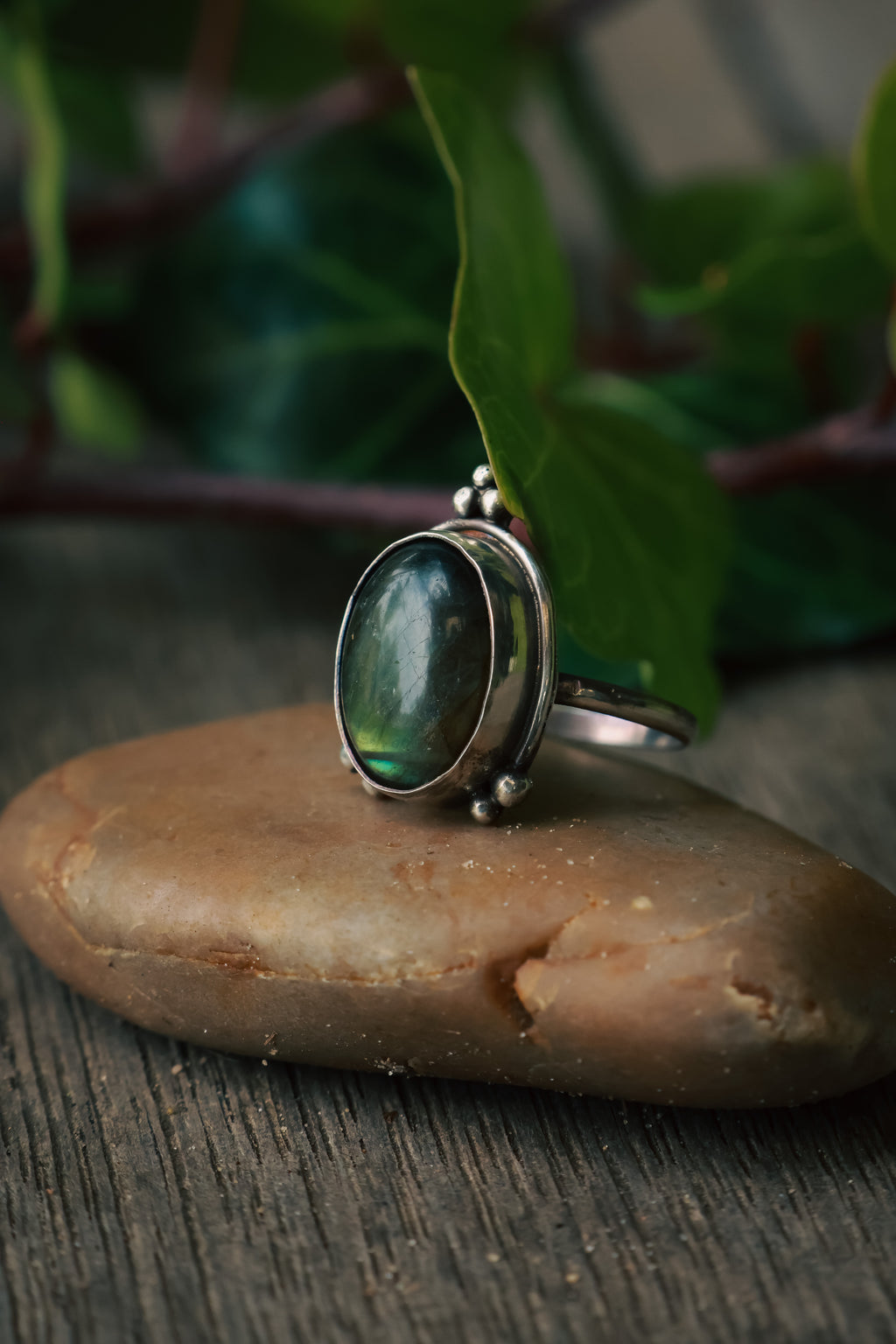 LARGE GREEN LABRADORITE RING 925 SILVER