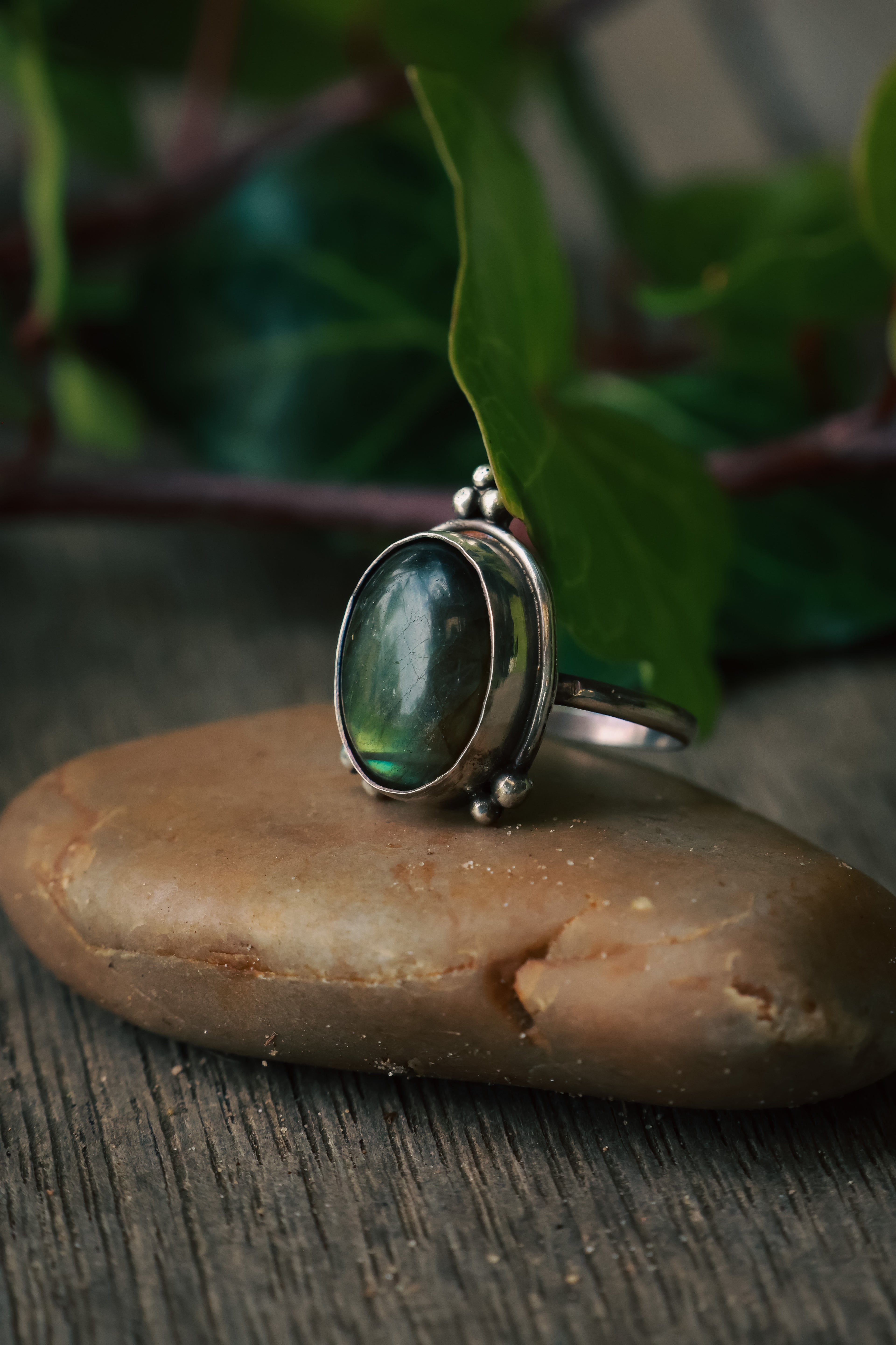 LARGE GREEN LABRADORITE RING 925 SILVER