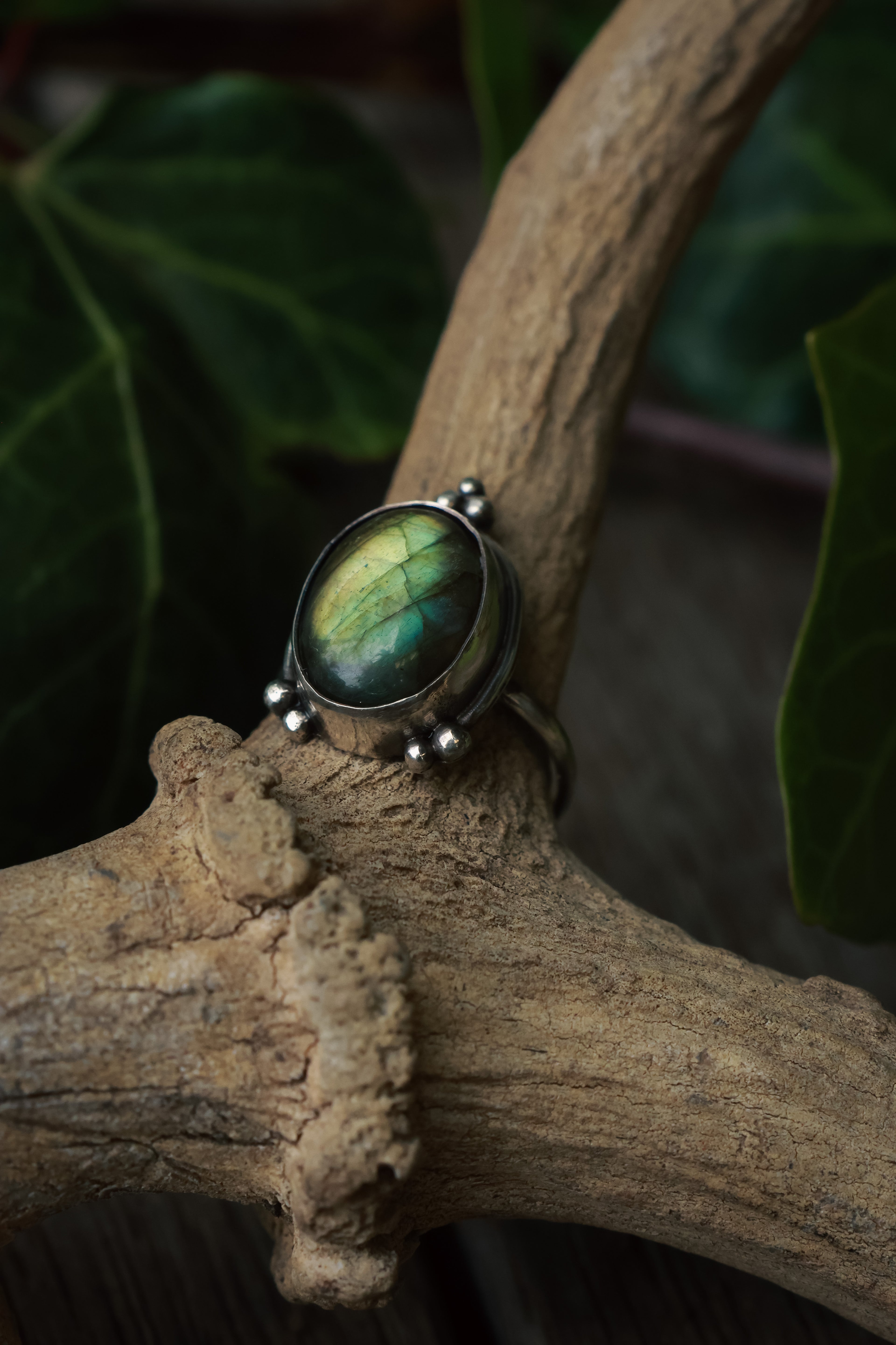 LARGE GREEN LABRADORITE RING 925 SILVER