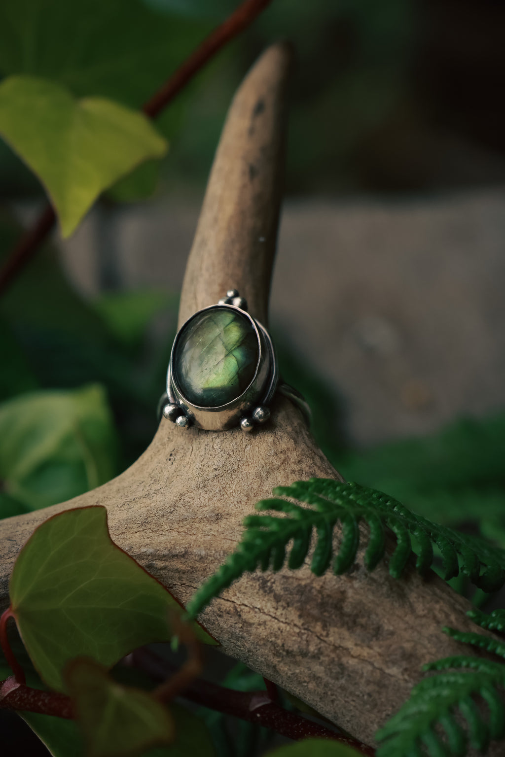 LARGE GREEN LABRADORITE RING 925 SILVER
