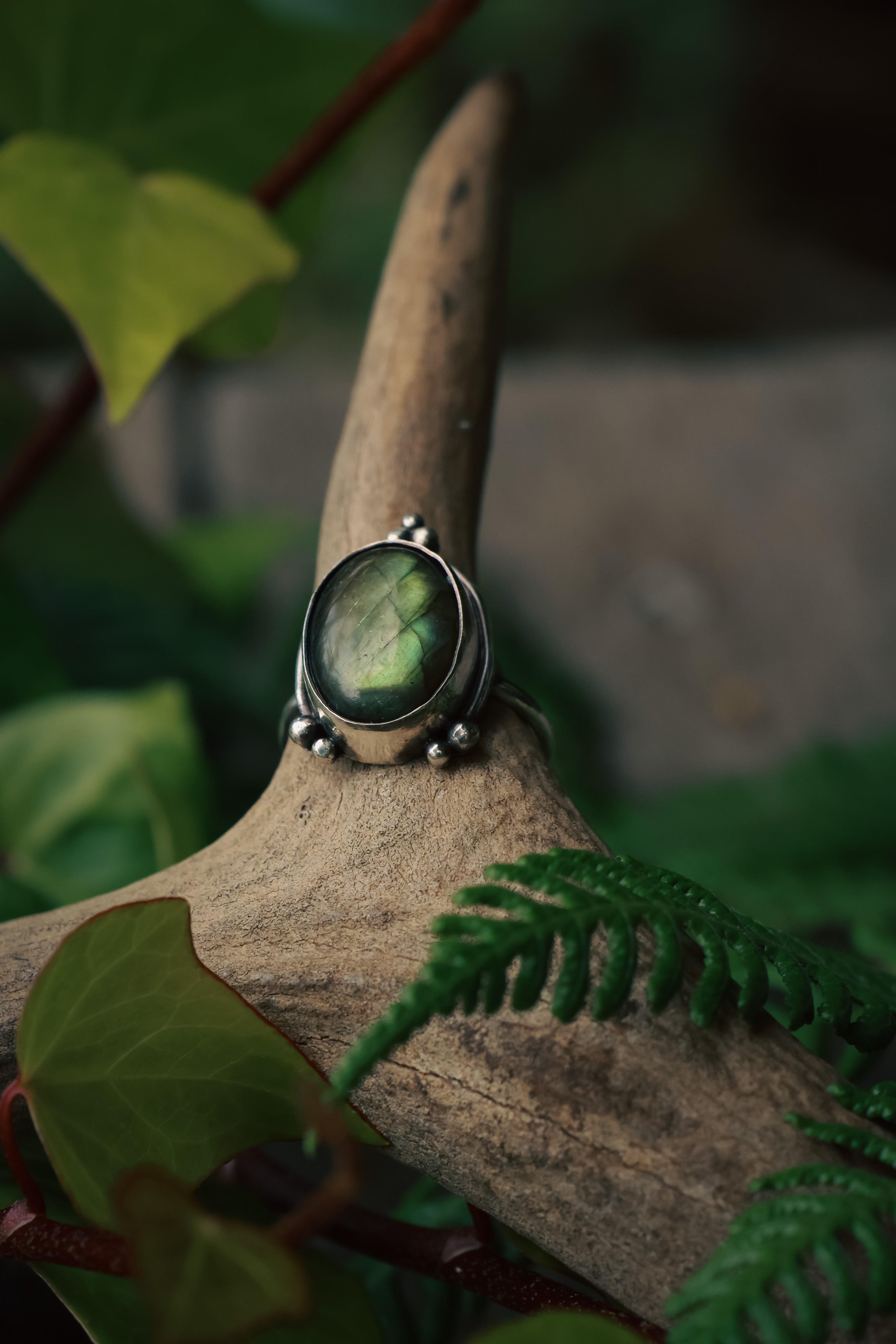 LARGE GREEN LABRADORITE RING 925 SILVER