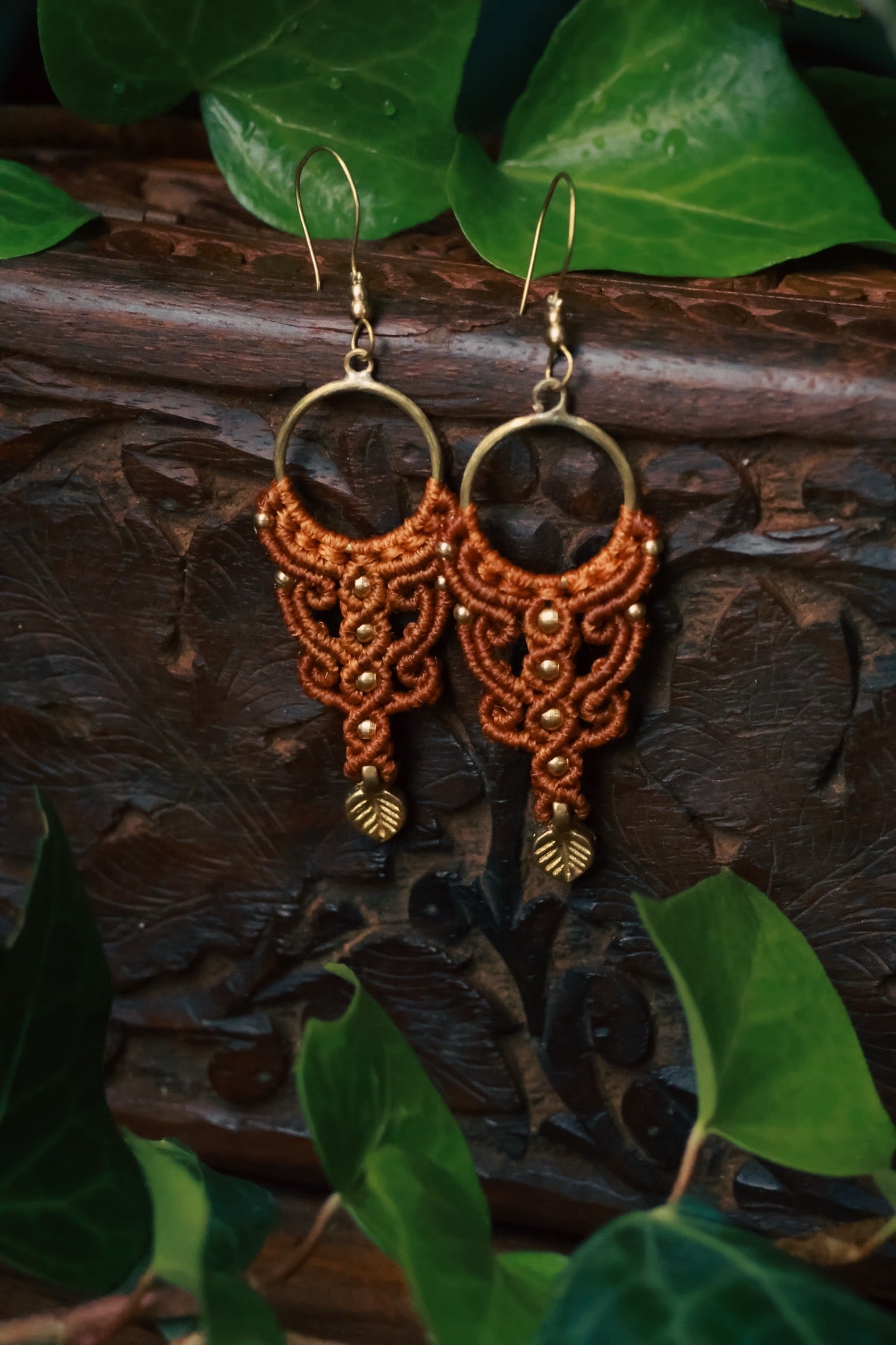 Temple orange macrame earrings