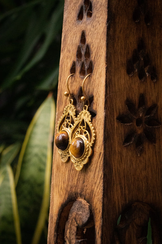 Brass Earring - Tiger Eye