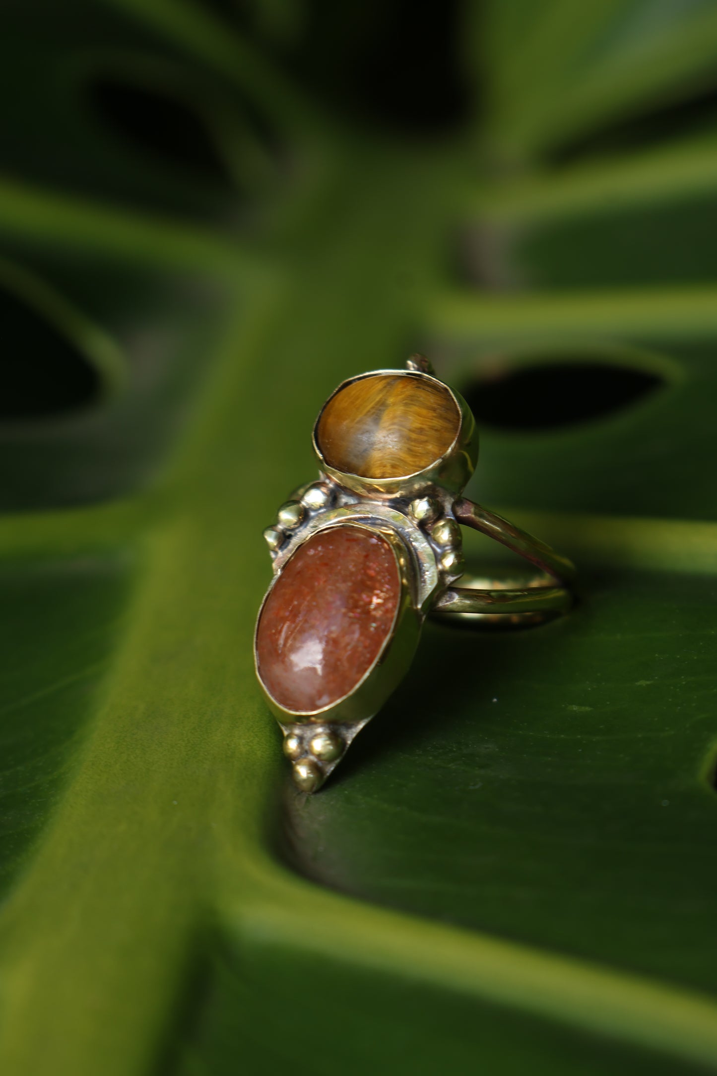 Sunstone and Tiger Eye ring Brass
