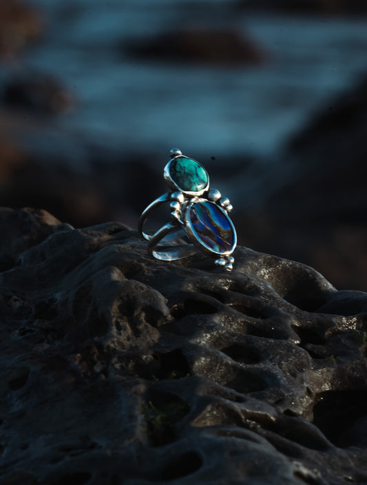 Turquoise and Paua silver ring