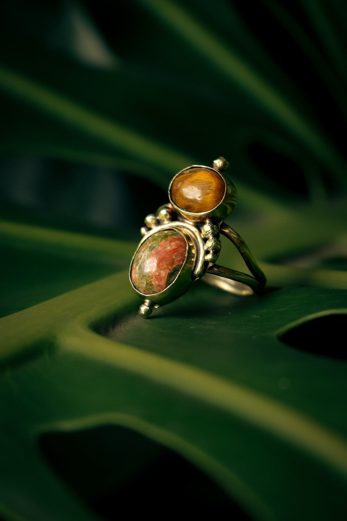 Unakite and Tiger Eye ring Brass