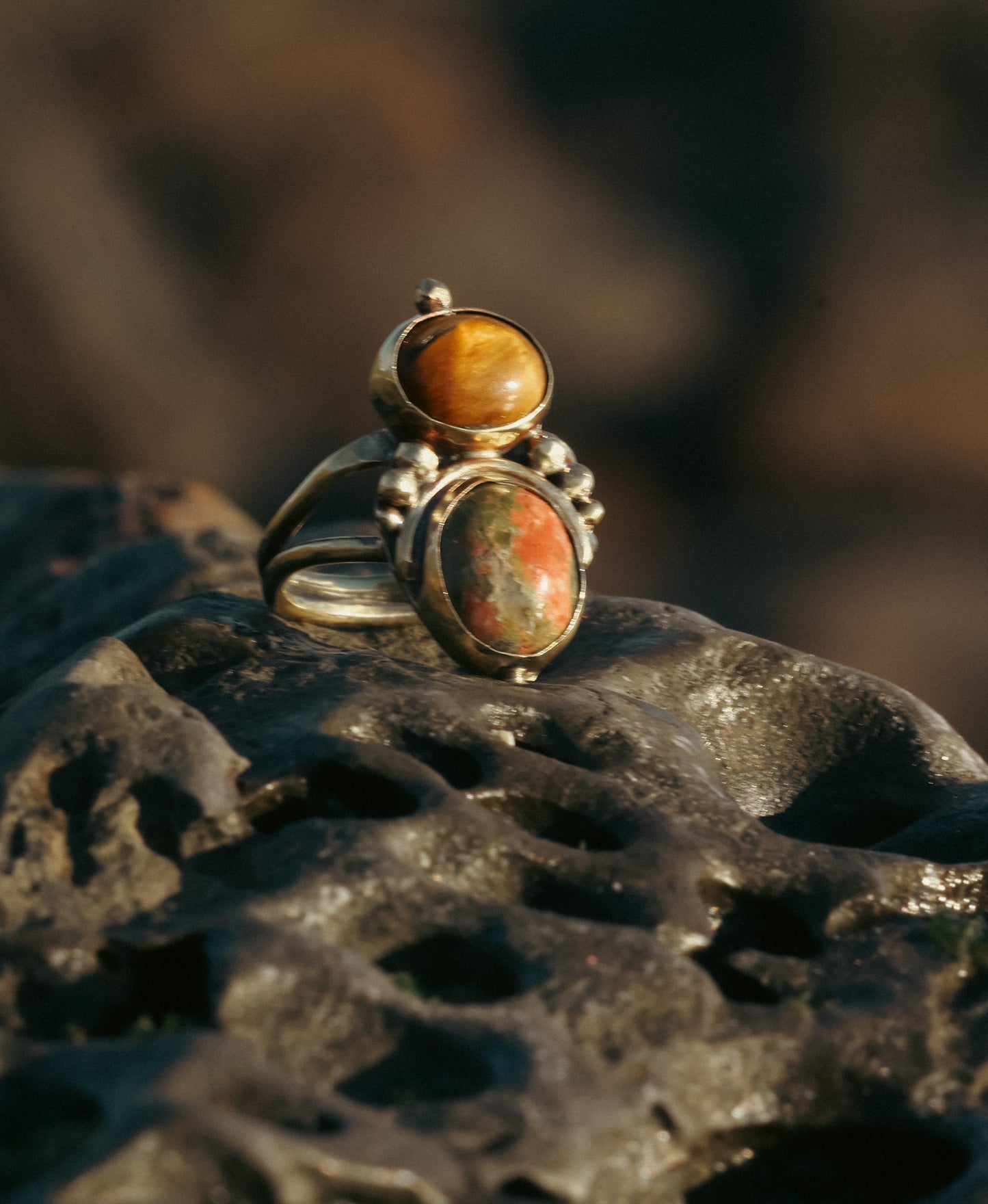 Unakite and Tiger Eye ring Brass
