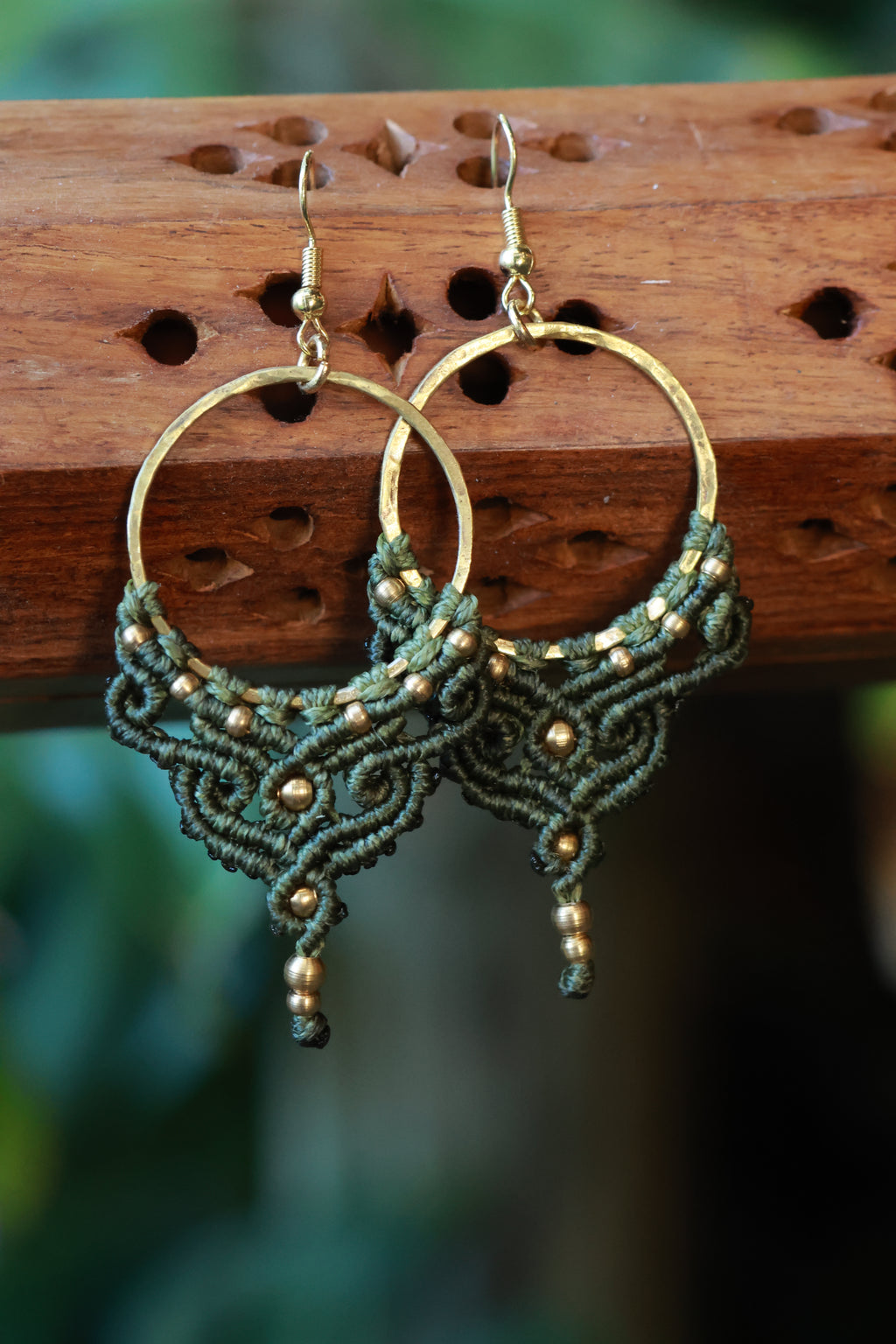 Green brass macrame earrings