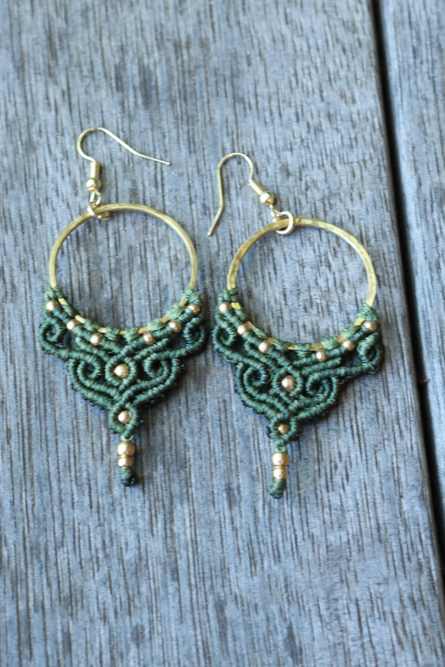 Green brass macrame earrings