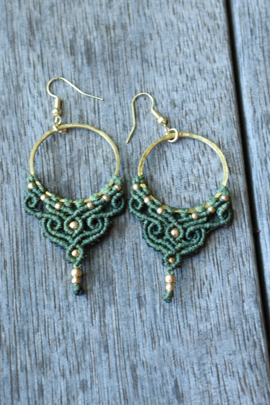 Green brass macrame earrings